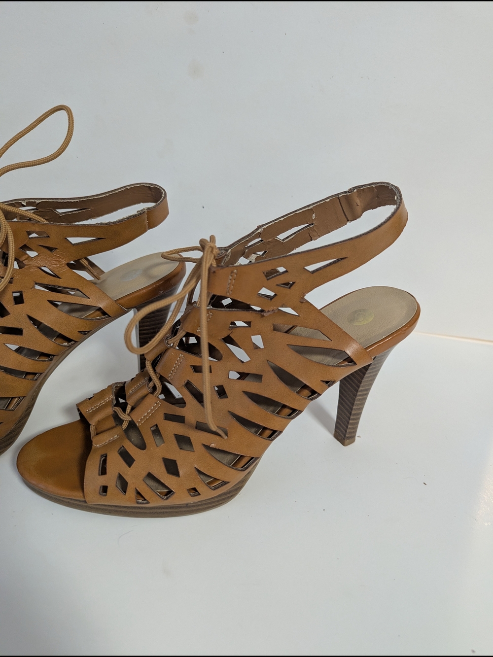 CP Shades Tan Laser-Cut Lace-Up High Heel Sandals